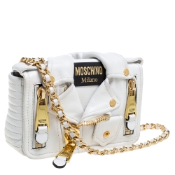 Pre Owned Moschino White Leather Capsule Biker Jacket Shoulder Bag