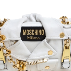 Pre Owned Moschino White Leather Capsule Biker Jacket Shoulder Bag