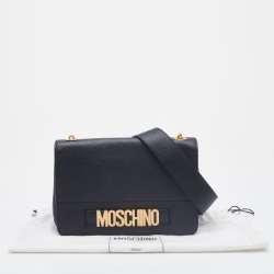 Pre Owned Moschino Black Leather Logo Flap Crossbody Bag