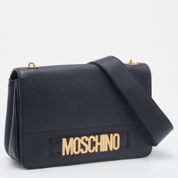 Pre Owned Moschino Black Leather Logo Flap Crossbody Bag