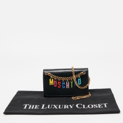 Moschino Black Leather Lettering Charm Wallet on Chain