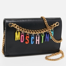Moschino Black Leather Lettering Charm Wallet on Chain