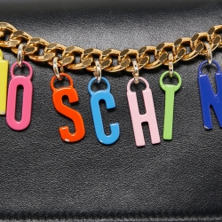 Moschino Black Leather Lettering Charm Wallet on Chain