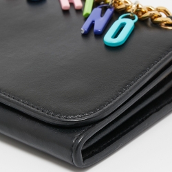 Moschino Black Leather Lettering Charm Wallet on Chain