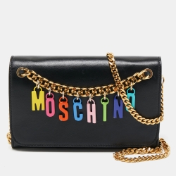 Moschino Black Leather Lettering Charm Wallet on Chain