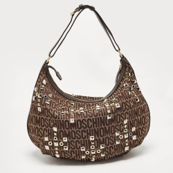 Moschino Dark Brown Signature Canvas Studs Embellished Hobo