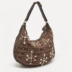 Moschino Dark Brown Signature Canvas Studs Embellished Hobo