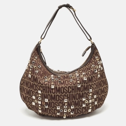 Moschino Dark Brown Signature Canvas Studs Embellished Hobo