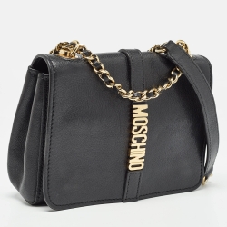 Pre Owned Moschino Black Leather Classic Logo Flap Shoulder Bag