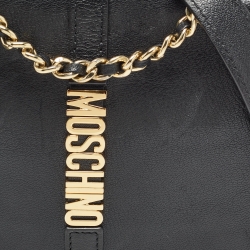 Pre Owned Moschino Black Leather Classic Logo Flap Shoulder Bag