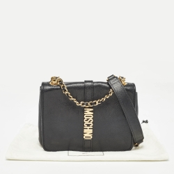 Pre Owned Moschino Black Leather Classic Logo Flap Shoulder Bag