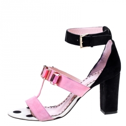 Pre Owned Moschino Black/ Pink Suede Crystal Embellished Ankle Strap Sandals Size 38