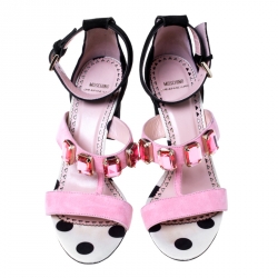 Pre Owned Moschino Black/ Pink Suede Crystal Embellished Ankle Strap Sandals Size 38