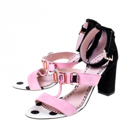 Pre Owned Moschino Black/ Pink Suede Crystal Embellished Ankle Strap Sandals Size 38
