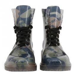 Love Moschino Green Camouflage Print Rubber and Fabric Ankle Boots Size 38