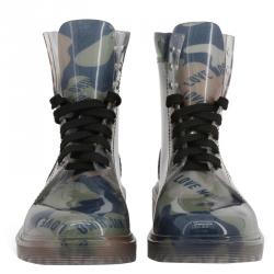 Pre Owned Love Moschino Green Camouflage Print Rubber and Fabric Ankle Boots Size 38