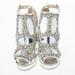 Moschino Silver Crystal Embellished Platform Sandals Size 36