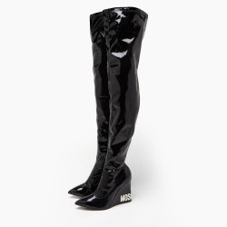 Moschino Black Leather Patent Over The Kee Length Wedge Boots Size 40