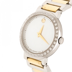 Pre Owned Movado White Mother of Pearl Two-Tone Stainless Steel Diamond Concerto 23.3.14.1117S Women's Wristwatch 30 mm  