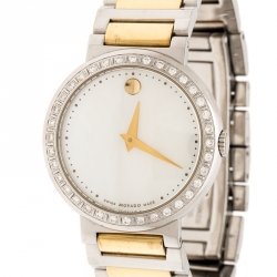 Pre Owned Movado White Mother of Pearl Two-Tone Stainless Steel Diamond Concerto 23.3.14.1117S Women's Wristwatch 30 mm  