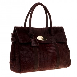 Pre Owned Mulberry Burgundy Croc Embossed Calfhair Bayswater Satchel