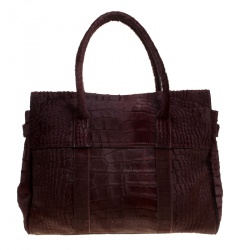 Pre Owned Mulberry Burgundy Croc Embossed Calfhair Bayswater Satchel