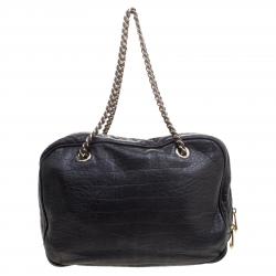 Pre Owned Mulberry Black Croc Embossed Leather Carter Bowler Bag