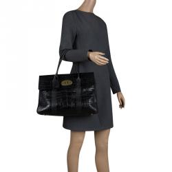 Pre Owned Mulberry Black Croc Embossed Leather Bayswater Satchel