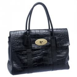 Pre Owned Mulberry Black Croc Embossed Leather Bayswater Satchel