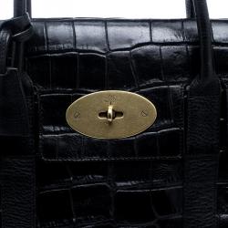 Pre Owned Mulberry Black Croc Embossed Leather Bayswater Satchel