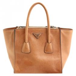 Prada Camel Glace Calfskin Leather Twin Pocket Double Handle Tote
