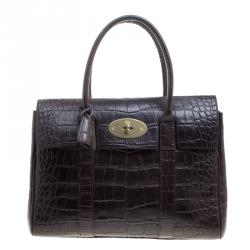 Pre Owned Mulberry Dark Brown Croc Embossed Leather Bayswater Satchel
