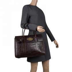 Pre Owned Mulberry Dark Brown Croc Embossed Leather Bayswater Satchel