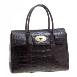 Pre Owned Mulberry Dark Brown Croc Embossed Leather Bayswater Satchel