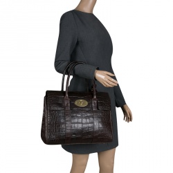 Pre Owned Mulberry Dark Brown Croc Embossed Leather Bayswater Satchel