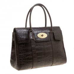 Pre Owned Mulberry Dark Brown Croc Embossed Leather Bayswater Satchel