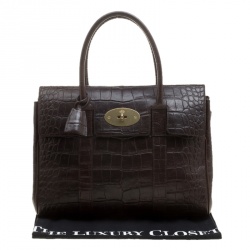 Pre Owned Mulberry Dark Brown Croc Embossed Leather Bayswater Satchel