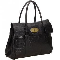 Pre Owned Mulberry Black Croc Embossed Leather Bayswater Bag