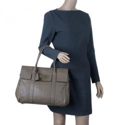 Pre Owned Mulberry Taupe Soft Croc Printed Bayswater Satchel