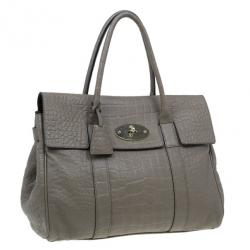 Pre Owned Mulberry Taupe Soft Croc Printed Bayswater Satchel