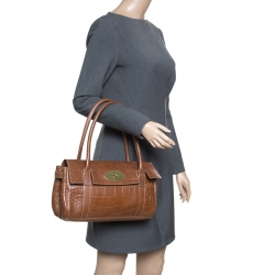 Pre Owned Mulberry Brown Croc Embossed Leather East West Bayswater Satchel