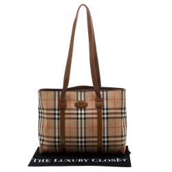 Pre Owned Burberry Beige/Brown Canvas and Leather Vintage Haymarket Check Tote