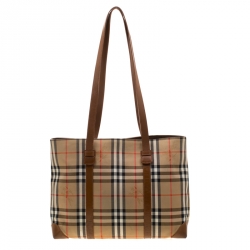 Pre Owned Burberry Beige/Brown Canvas and Leather Vintage Haymarket Check Tote