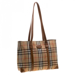 Pre Owned Burberry Beige/Brown Canvas and Leather Vintage Haymarket Check Tote