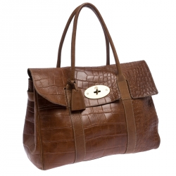 Pre Owned Mulberry Brown Croc Embossed Leather Bayswater Satchel