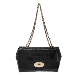 Mulberry Black Croc Embossed Leather Medium Lily Shoulder Bag