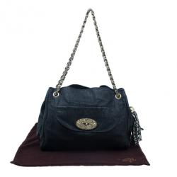 Mulberry Black Leather Front Flap Pocket Braided Tassel Strap Shoulder Bag