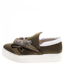 Pre Owned N21 Olive Green Satin Crystal Embellished Bow Slip on Sneakers Size 39