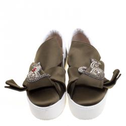 Pre Owned N21 Olive Green Satin Crystal Embellished Bow Slip on Sneakers Size 39