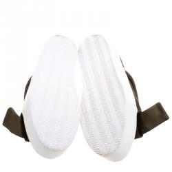 Pre Owned N21 Olive Green Satin Crystal Embellished Bow Slip on Sneakers Size 39